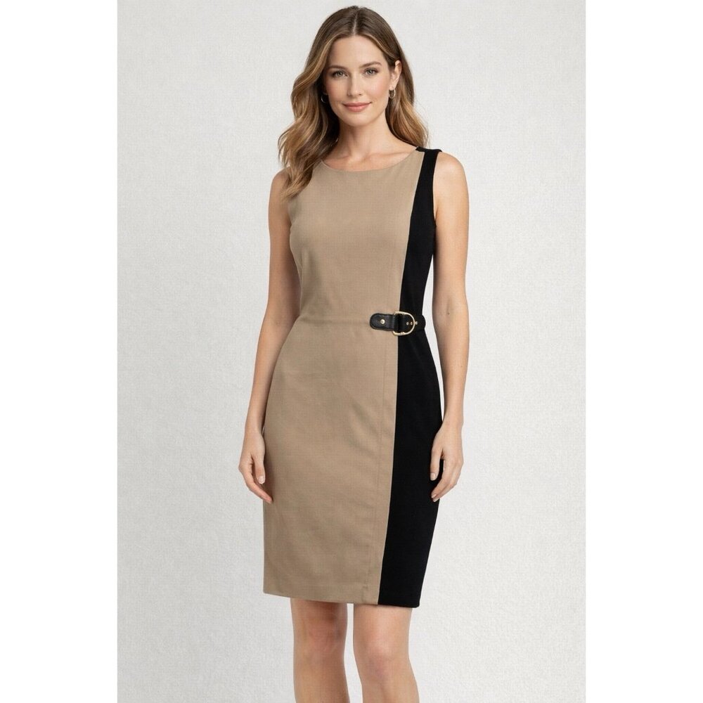 Lauren Ralph Lauren Womens Sleeveless Dress Size 2 Sheath Beige Black Buckle
